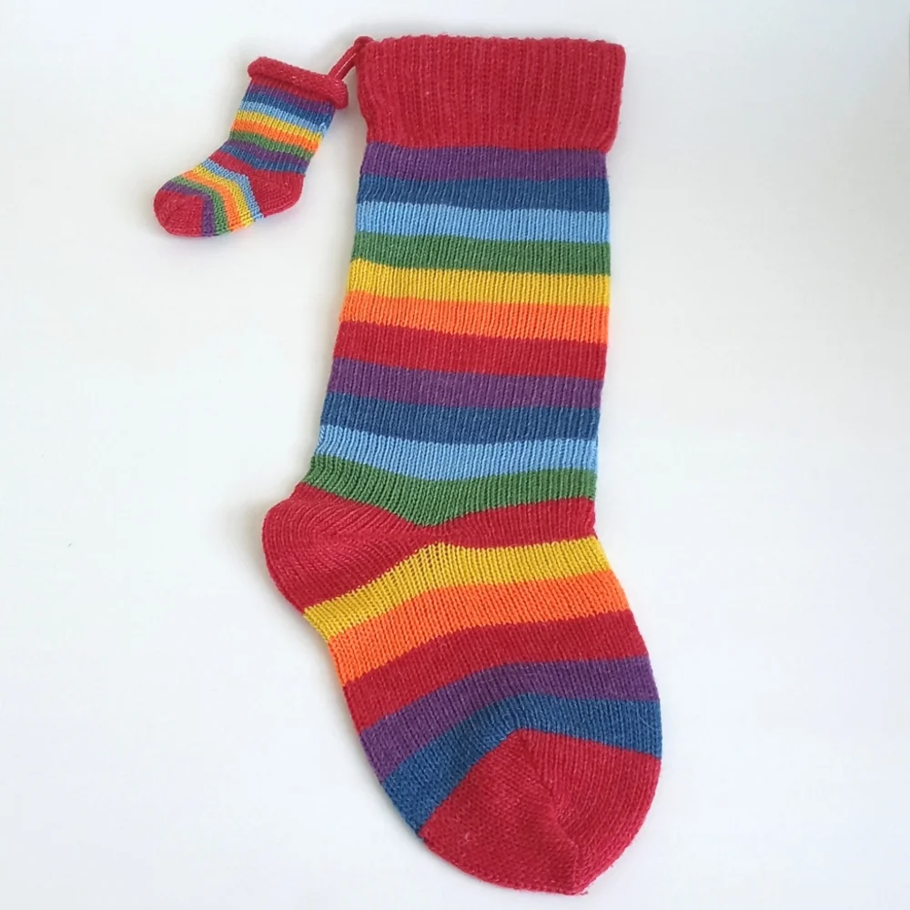 Christmas Rainbow Stripe Knit Stocking With Mini Knit Stocking